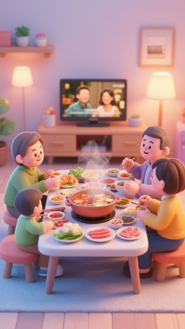 看电视吃火锅的场景，温馨预览效果