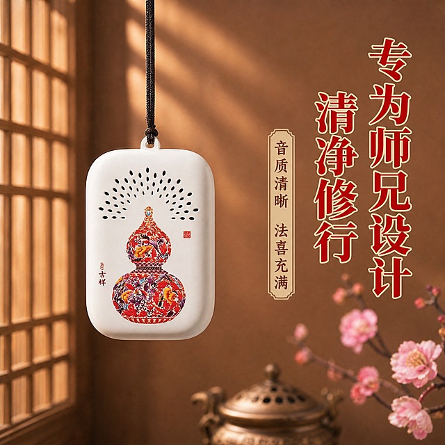 [主图-6 悬挂使用场景/氛围] 拼多多1:1主图，展示产品悬挂使用状态，营造禅意修行氛围，强化"专为师兄设计"的定位。
[统一基调] 拼多多风格，大字直白、性价比感、国风禅意暖棕色调；主标题粗黑体大字红金配色，辅助文字深棕色，强调色朱红；整体暖棕木色+禅意背景。
[画面] 念佛机通过黑色挂绳悬挂在空中，正面朝向观众，产品完整清晰；背景为中式禅意空间虚化效果，左侧有木质窗格条纹光影，右下角有粉色梅花枝点缀，下方隐约可见古朴香炉；产品自然垂直悬挂，挂绳上端延伸出画面；光线柔和，产品有轻微自然摆动的稳定感。
[光影质感] 禅意氛围摄影质感，柔和自然光，产品悬挂自然无悬浮感，挂绳受力方向真实，背景有温暖的光斑和景深，整体氛围宁静祥和。
[配色] 背景暖棕渐变+木色窗格影+粉色梅花，产品白色+红色珐琅彩，标题红金配色。
[文字版式] 画面右侧竖排或上方横排大标题"专为师兄设计 清净修行"；下方小字"音质清晰 法喜充满"；文字放在右侧或上方负空间，不遮挡产品主体。
[输出要求] 比例1:1，2048x2048，文字清晰可读，产品悬挂自然真实，无错字，无水印，无平台logo，无迷信宗教违禁表述。