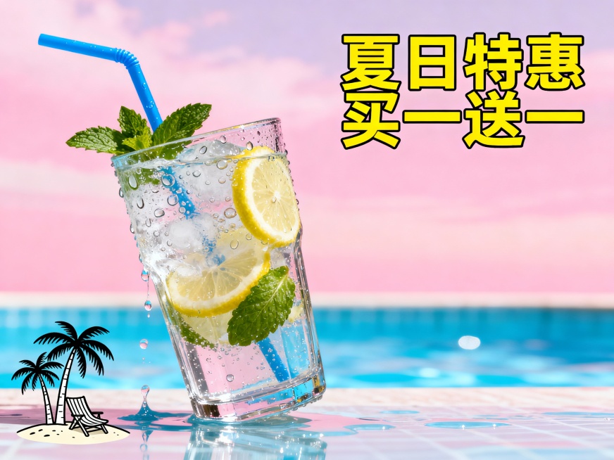 主视觉为冰镇柠檬气泡水，玻璃杯外凝满水珠，插着薄荷叶和蓝色吸管，杯身倾斜溢出少量液体，背景是渐变的粉蓝撞色（模仿天空与泳池）。右上角有粗体黄色字体“夏日特惠买一送一”，左下角有简笔棕榈树和沙滩椅图案预览效果