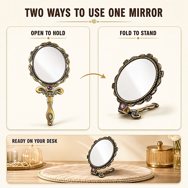 [主图-6] 商品名称「Vintage Bronze Handheld Makeup Mirror — Ornate Crystal Accented Round Vanity Mirror with Folding Handle for Daily Beauty and Gifting」。本张唯一任务：产品两种稳定状态的切换——展开手持态与折起自立态的物理状态对比。
[统一基调] 复古华丽的个护礼品信息图视觉：纯净白到柔光象牙米白背景（#FFFFFF→#F7F1E8），古铜金色产品配深棕标题（#4A3722）、暖灰褐辅助文字（#7A6A58）与古铜金强调（#B08B52）；单一几何无衬线粗体，仅以字号层级区分主副；卡片统一 16px 圆角暖白卡（#FFFDFA）+ 1px 浅金描边，图标统一 2px 线性描边；左上柔光、右侧暖金反光，铜质浮雕高光细腻。
[画面] 左右两块对齐的 16px 圆角暖白卡并列展示同一面古铜色手持化妆镜的两种状态：左卡内镜子手柄完全展开、竖直手持态摆放，可见完整雕花镜框与手柄；右卡内镜子手柄折到镜后、以后立姿态斜靠台面，形成稳定支架；两卡之间一条细古铜金弧线箭头表示状态切换；画面下缘一条圆角小窗作为真实语境组件：暖光桌面上只放折叠自立态的镜子与一块丝绒垫（无人、无手）；镜面在两卡与下缘小窗中只映柔和浅白光影，不出现人物或房间倒影。
[光影质感] 影棚柔光与暖金反光结合，金属浮雕有真实高光层次，手柄铰链结构可信、转折自然，各状态均有自然接触阴影，不悬浮、不穿模。
[配色] 沿用统一基调；卡底色为暖白，箭头与强调元素用古铜金，不引入第二种主色。
[文字版式] 主标题置顶部居中，深棕粗体大字 "TWO WAYS TO USE ONE MIRROR"；左卡标签为深棕小号粗体 "OPEN TO HOLD"，右卡标签为深棕小号粗体 "FOLD TO STAND"，下缘小窗标签为深棕小号粗体 "READY ON YOUR DESK"；全图仅英文文案，禁止中文、错字。
[输出要求] 1:1 正方形；负向：任何中文、尺寸数字、放大倍数、材质成分、认证字样、水印、平台 Logo、品牌标志、人物、人脸、手部、手指、镜面中出现人脸或文字倒影、变形、手柄结构错误、模糊、杂乱。