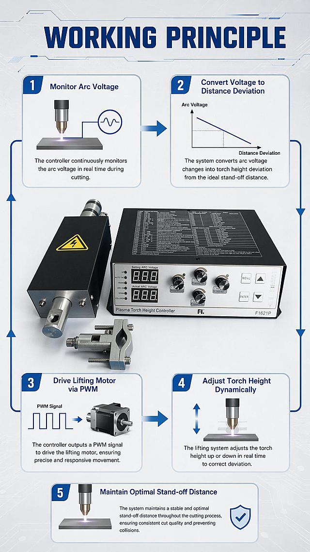 [第4屏] Working principle schematic page. 本屏使用原图3 as product reference. Light gray tech background, flow chart to explain working principle: 1. Monitor arc voltage → 2. Convert voltage to distance deviation → 3. Drive lifting motor via PWM → 4. Adjust torch height dynamically → 5. Maintain optimal stand-off distance. Each step uses arrow connected boxes, product main image placed in center, clear text labels. Keep product appearance consistent with original. Title top "WORKING PRINCIPLE", large bold font. Blue and gray color scheme, professional industrial style. 9:16 vertical proportion, 4K resolution. Negative prompt: product deformation, text error, Chinese characters, messy flow chart.