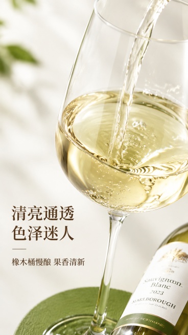 [第3屏] 酒体质感特写-长相思白葡萄酒清亮酒液展示。本屏近距离拍摄酒液通透感，使用【图1】酒液部分作为参考。[氛围/风格] 微距质感，清透诱人，商业静物摄影质感。[元素布局] 画面主体为倒入高脚杯的预览效果
