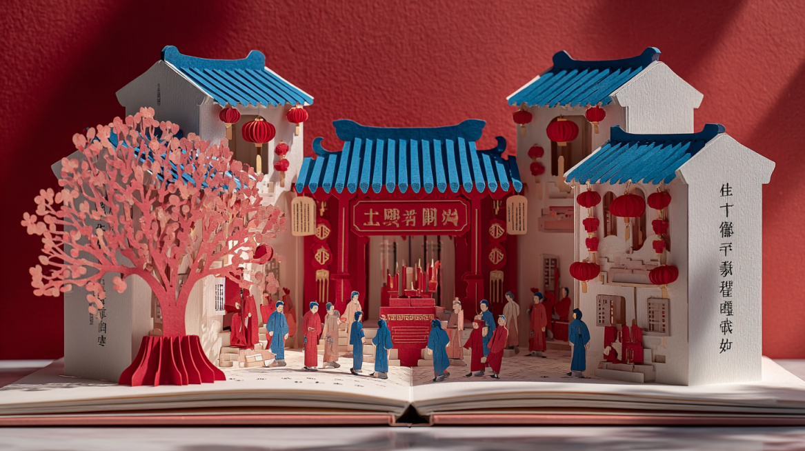 New Chinese paper-cut art style, 3D pop-up book unfolding effect, core scene is traditional Minnan a预览效果