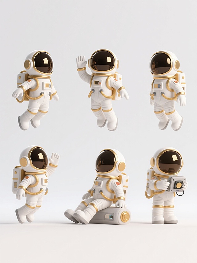 白色背景，3D渲染风格，六个不同动态和场景的卡通宇航员系列素材集合规整排布，每个宇航员保持白色宇航服搭配金色细节的设计，头盔为深色反光面罩，包含背包和管线元素，分别展示漂浮、挥手、敬礼、探索、休息、操作设备的姿态，整体光影统一为柔和高光与轻微阴影，构图均衡对称，所有元素风格统一且细节丰富，适合系列化展示