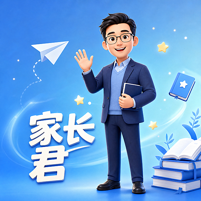男性家长IP卡通形象头像，1:1方形比例，4K分辨率，整体蓝色系配色。

人物形象：一位35岁左右男性家长卡通形象，亚洲面孔，利落短发，细框眼镜或商务感造型，笑容温暖亲切，身着蓝色系穿搭（深蓝色衬衫/西装外套+浅蓝色内搭或针织衫），稳重知性有亲和力。

姿态：全身站立或半身，一手挥动打招呼，另一手拿手机或书本，姿态自然大方。

场景：蓝色系渐变背景（深蓝到天蓝），干净明亮，配书本、纸飞机、小星星等教育元素点缀，柔光效果。

文字：「家长君」三个大字，放置在画面下方或侧面空白处，白色或浅金色粗体字，清晰醒目，与整体蓝色系协调。

风格：3D卡通渲染，圆润可爱但保留成熟家长气质，皮肤质感柔和，光影自然。全身完整呈现，头像构图中主体和文字都清晰可辨，四周留足边距。