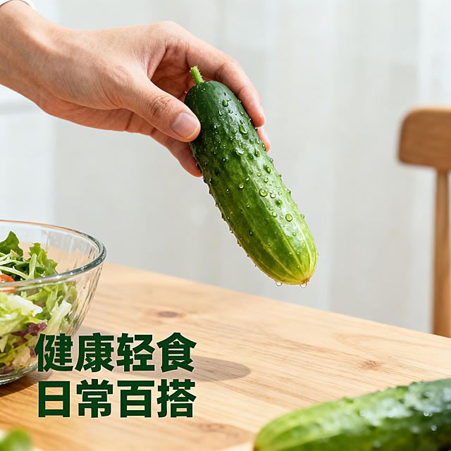 [主图 4] 新鲜小黄瓜场景体验
[主图主题] 日常食用场景展示，传递生活方式
[氛围/风格] 清新自然生活感，突出新鲜健康
[画面元素] 第一人称视角，手拿着一根带露新鲜小黄瓜，背景是干净清爽的原木餐桌，旁边放着一个玻璃沙拉碗，整体捕捉轻松自然的日常瞬间
[配色色系] 主色调：自然翠绿；辅助色：原木浅棕色，透明玻璃的冷调
[视角构图] 第一人称平视抓拍，动态自然，景深适中
[文字版式] 主文案 健康轻食 日常百搭，深绿色粗体位于画面左下角留白处，悬浮不遮挡主体，自然透气
[比例分辨率] 2k分辨率