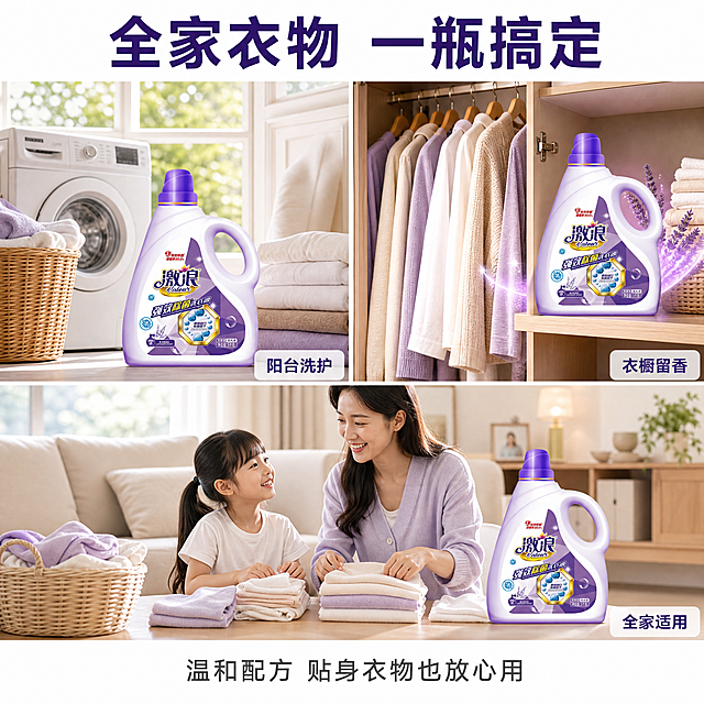 [主图-4] 激浪洗衣液家庭多场景适用展示图
[氛围风格] 温馨家庭生活感，真实自然，代入感强
[画质] 商业摄影质感，生活场景真实自然，光线明亮柔和
[元素] 画面采用三宫格场景拼图布局，每个格子都是独立生活场景，产品（激浪洗衣液，保持与原图外观完全一致）在每个场景中自然出现。上左格：阳台洗衣场景——白色洗衣机旁放着激浪洗衣液，旁边有洗衣篮和叠好的干净衣物，阳光从窗户照进来。上右格：卧室衣橱场景——打开的衣柜里挂着整洁的衣服，旁边置物架上放着激浪洗衣液，有薰衣草香氛的视觉暗示（淡紫色光晕）。下格横向通栏：家庭亲子场景——妈妈和孩子（亚洲面孔，温馨互动）在折叠干净的衣服，桌上放着激浪洗衣液，背景是温馨的客厅。三格之间用细白色分割线区隔。每个场景中的产品都保持外观与原图一致。
[光影] 每个场景都采用明亮自然光，整体暖白调，温馨柔和，光影自然不生硬，各场景光线风格统一。
[配色] 主色白色+暖米色，辅色淡紫色+木色，整体温馨家居感。
[视角构图] 三宫格拼图布局，上半部分两格左右分置，下半部分一格通栏，构图均衡，每个场景都有产品自然融入。
[文字版式] 顶部通栏大标题：全家衣物 一瓶搞定，深紫色最大号粗体无衬线字，居中排列。每个宫格内右下角有白色半透明圆角底框，深紫色小字标注场景名称：「阳台洗护」「衣橱留香」「全家适用」。底部居中一行辅助文字：温和配方 贴身衣物也放心用，深灰色中号字。
[输出要求] 1:1比例，文字清晰锐利，超高清商业摄影质感
[负向提示词] 变形，文字错乱，产品模糊，背景杂乱，水印，电商平台Logo，跨图换人换脸