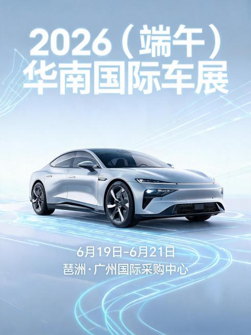 2026端午华南国际车展宣传海报，未来科技感车展风格，浅灰科技背景搭配发光线条，主视觉展示最新智能电动汽车，清晰标注文案："2026（端午）华南国际车展"、"6月19日-6月21日"、"琶洲·广州国际预览效果