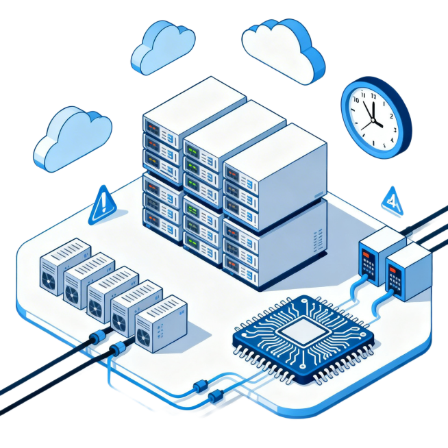isometric illustration, 2.5D illustration, server stack, data center, 24-hour clock, processor chip,预览效果