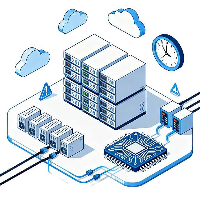 isometric illustration, 2.5D illustration, server stack, data center, 24-hour clock, processor chip, cloud computing, high availability，透明背景