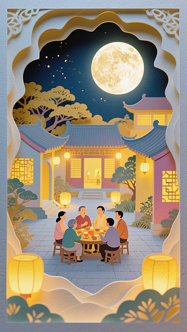 一轮皎洁的圆月为占据画面中心的特写，底部以工笔风格呈现出全景的庭院中家人围坐的身影，周围万家灯火透出暖黄的光芒，月光洒在庭院里，突显中秋家人团聚的温馨氛围，暖黄调基底。