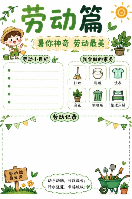 马克笔手绘风格，白底手绘风，创意暑假五升六劳动篇，主标题"劳动篇"，副标题"暑你神奇 劳动最美"，版式参考上传图的分区结构，保留马克笔手绘质感和绿色系清新风格，页面留出劳动记录区域，整体版式精美，21预览效果