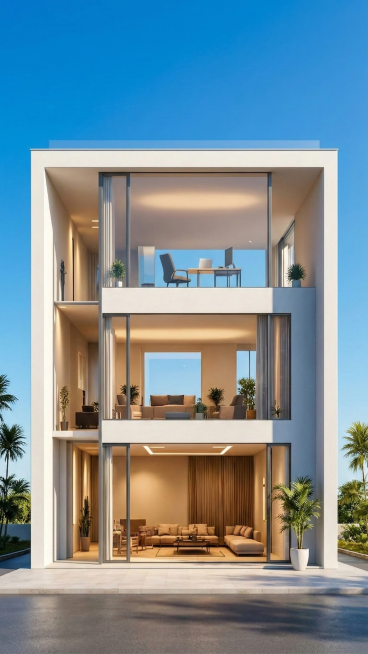 将背景天空修改为白天晴空万里的效果，保留建筑和室内原有设计和布局预览效果