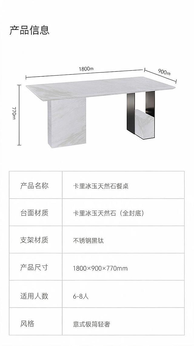 [第8张] 产品信息页-规格参数表+尺寸标注图。本张使用【图1】作为商品主体。
[氛围/风格] 简约专业参数页，清晰规整，信息一目了然，白底简洁风。
[元素布局] 上半部分为餐桌侧视示意图，带有尺寸引线标注，标注总长1800mm、总宽900mm、总高770mm；下半部分为规格参数表格，清晰列出各项参数；产品外观结构、材质颜色与输入图完全一致。
[光影质感] 均匀柔光，产品示意图清晰，参数表文字锐利，整体干净明亮。
[配色色系] 全局底色 #FFFFFF（纯白）；主色深灰文字+黑色标题；辅助色浅灰表格线、白灰产品示意。
[视角构图] 上下分区构图，上半尺寸示意图、下半参数表，阅读动线从上到下。
[文字版式] 顶部标题「产品信息」；上半尺寸示意图配引线标注；下半参数表包含字段：产品名称「卡里冰玉天然石餐桌」、台面材质「卡里冰玉天然石（全封底）」、支架材质「不锈钢黑钛」、产品尺寸「1800×900×770mm」、适用人数「6-8人」、风格「意式极简轻奢」；表格规整清晰，字体大小适中，手机端可读。
[比例分辨率] 9:16 竖版比例，1K分辨率，文字清晰可辨，高清画质。
[负向提示词] 变形，水印，文字错乱，文字过小，参数错误，结构错误，产品图模糊。