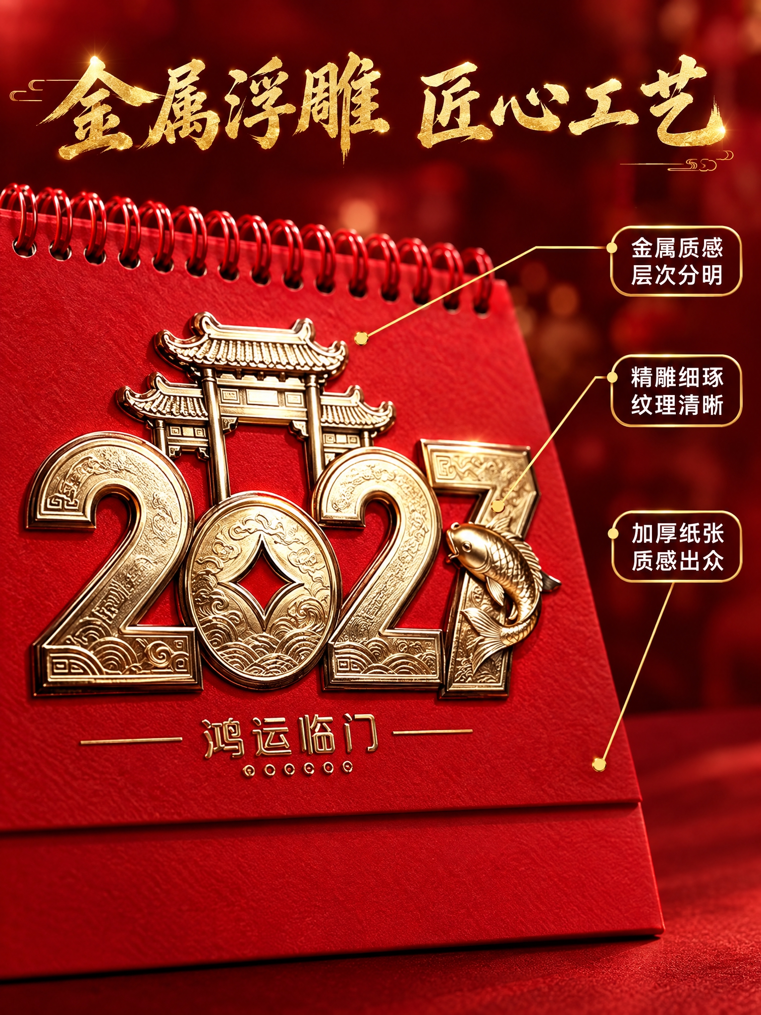 [商品] 使用鸿运临门锦鲤款台历；保留红色封面、金色浮雕龙门锦… - 图片创意预览