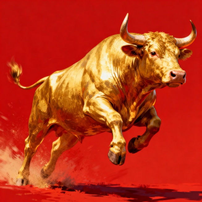 帮我做一个金牛 金牛前脚腾飞 后脚落地 头向前伸 红色背景预览效果