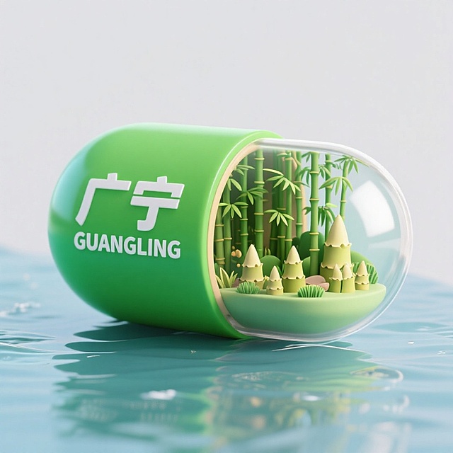 一个胶囊，胶囊左半部分为绿色（上面印着"广宁 GUANGLING"），右半部分是透明材质（广宁竹海、一片片竹林、全是竹子组成的3d微缩景观在胶囊之中），胶囊被放在河流上漂着