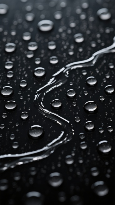 黑色背景上布满大小不一、形态各异的雨滴，部分雨滴汇聚成蜿蜒的水流，水滴表面反射出微弱而自然的高光，整体呈现出极简干净的视觉效果，适合作为背景素材使用，画面中无任何文字、LOGO或多余元素，仅保留纯粹的雨天窗面水滴纹理。预览效果