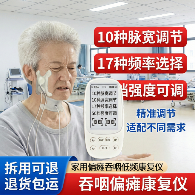 背景为医院康复训练区，展示家用偏瘫吞咽低频康复仪，模特为老年男性，佩戴仪器，画面突出“10种脉宽调节”“17种频率选择”“50档强度可调”卖点，添加文字“精准调节 适配不同需求”“拆用可退 退货包运”预览效果