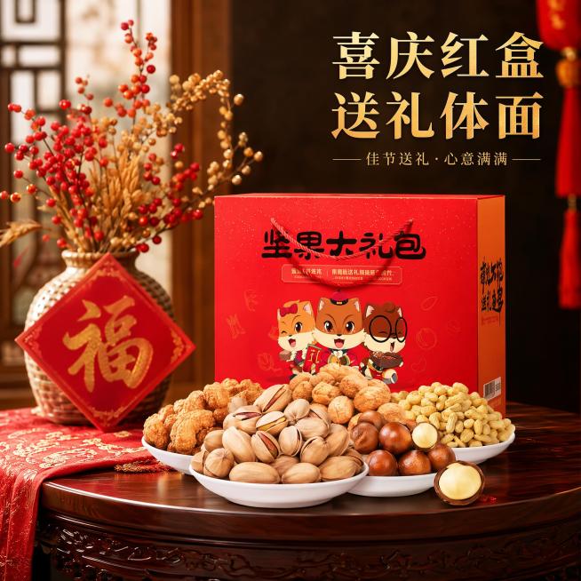 [主图-4] 喜庆礼盒送礼场景主图，突出走亲访友送礼体面的产品定位。
[氛围风格] 喜庆节日氛围，高端送礼质感；
[画质] 商业摄影质感，场景自然真实，产品清晰高级；
[元素] 保留原图中红色坚果大礼预览效果