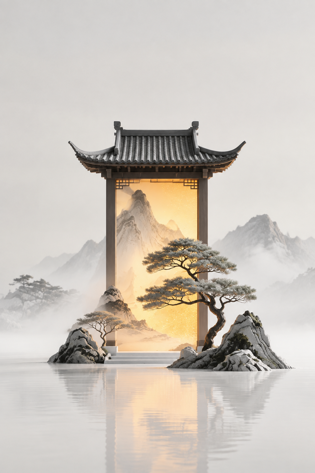参考图1的新中式禅意建筑山水场景风格，重新生成画面：画面中央是… - 图片创意预览