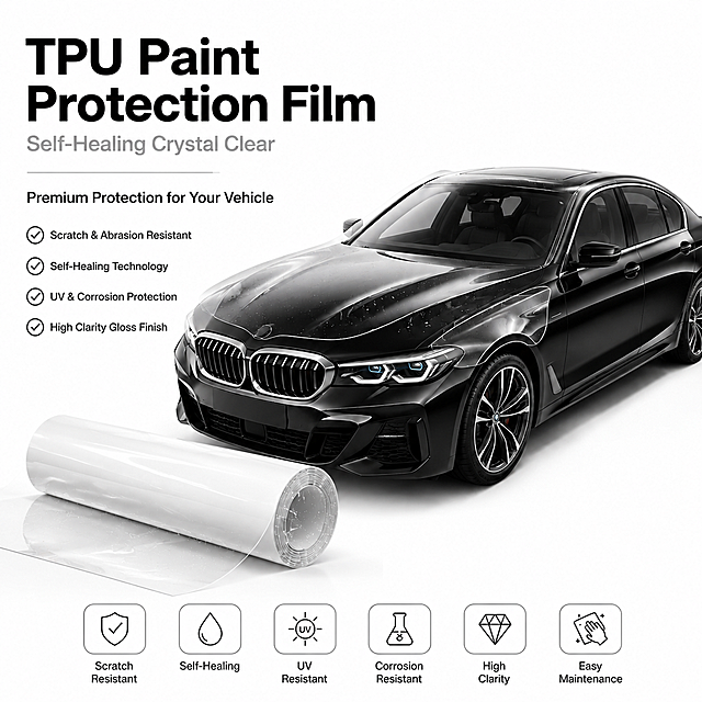 TPU Paint Protection Film 汽车漆面保护膜主图，纯白色背景。画面右侧是一辆完整的黑色豪华轿车，车身覆盖透明保护膜，膜层通透，车漆光泽清晰可见。画面左下方是一卷纯白色TPU车衣膜卷，膜卷通体纯白色无任何红色标记，一端露出透明TPU膜层切面，旁边有一小段展开的透明膜片自然垂落，膜面有细小水珠。左上角有英文标题和四个带勾选图标的卖点，底部有六个功能图标。整体高级商业摄影质感，光线柔和均匀。