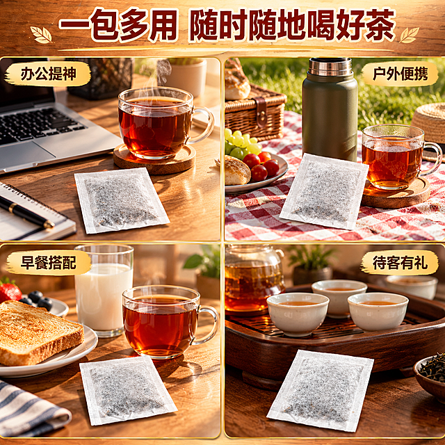 [主图-8] 适用场景合集图，主题为红茶茶包多种适用场景，强化产品实用性。
[统一基调] 拼多多风格，大字直白，性价比感强；整体暖红棕色调，背景为温润木质桌面与中式茶具场景；主标题用粗黑体大字，字色为深红棕色配米白描边，辅助文案用深棕色细黑体；强调色为暖金色；整体自然暖阳逆光，商业摄影质感。
[画面] 画面采用四宫格布局，四个小场景分别展示红茶茶包的不同使用场景，每个场景中都有红茶茶包（保持原图白色无纺布方形茶包外观）：左上：办公室工位场景（电脑+茶杯+茶包）；右上：户外野餐场景（野餐垫+保温杯+茶包）；左下：早餐搭配场景（面包片+牛奶+红茶杯+茶包）；右下：招待客人场景（茶盘+多个茶杯+茶包）；四个场景之间用细金色线条分隔；整体为组合式构图，产品占画面约70%。
[光影质感] 每个小场景都有自然暖光，光影统一协调，整体明亮温馨有生活感。
[配色] 主背景暖木棕色基调，四个场景各有特色但整体暖色调统一，主标题深红棕色，分隔线暖金色。
[文字版式] 画面顶部居中粗黑体大标题「一包多用 随时随地喝好茶」；每个小场景角落有小字标注「办公提神」「户外便携」「早餐搭配」「待客有礼」；文字清晰不遮挡主体。
[输出要求] 1:1正方形，2048px，文字清晰锐利，产品清晰不变形，无错字，无水印，无平台Logo，无杂乱元素。