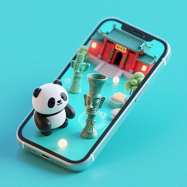 软3D风融合中式建筑与卡通熊猫，虚拟现实微缩场景，科技感十足的梦幻设计。