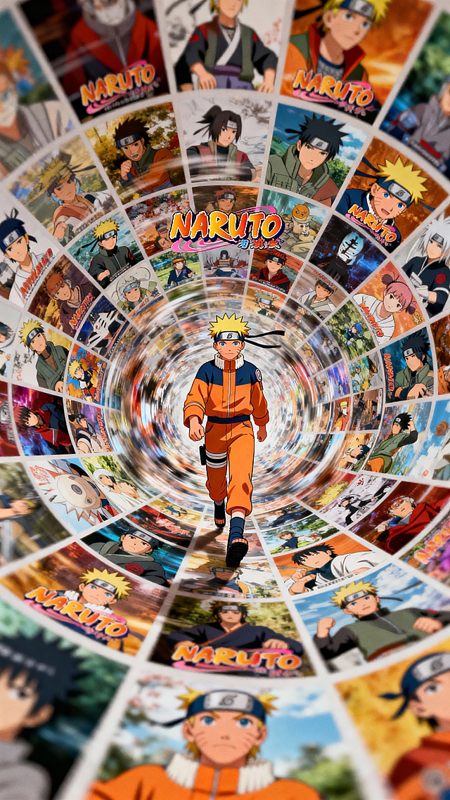 画面中有许多经典火影忍者场面呈螺旋状排列，主人公鸣人在旋转的海报中行走。固定聚焦在他身上，周围呈现朦胧模糊、涂抹、拖影的效果。