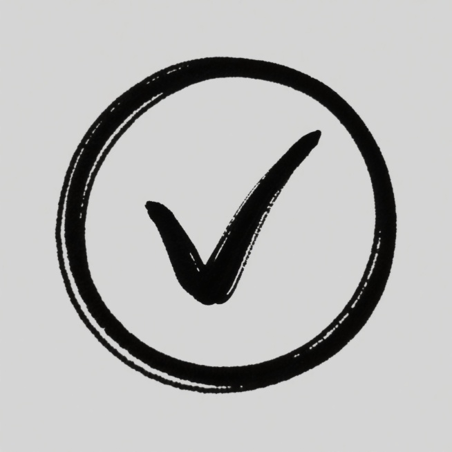 一个由流畅手写笔触构成的黑色对勾符号，被包含在一个同样以手写风格绘制的黑色圆形轮廓内，整体设计简洁明了，线条带有自然的手写笔触感，黑白对比鲜明，视觉上呈现出确认、完成的积极意象，手写体的随性与圆形的规整形成和谐统一的整体。预览效果
