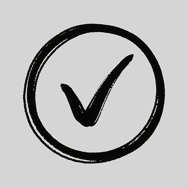 一个由流畅手写笔触构成的黑色对勾符号，被包含在一个同样以手写风格绘制的黑色圆形轮廓内，整体设计简洁明了，线条带有自然的手写笔触感，黑白对比鲜明，视觉上呈现出确认、完成的积极意象，手写体的随性与圆形的规整形成和谐统一的整体。