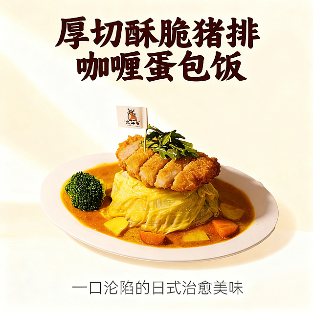 1:1竖版电商主图，日式精致料理风格，整体色调以暖黄色、白色、翠绿色为主，严格还原参考图中的产品细节，包括厚切酥脆猪排、滑嫩蛋包饭、浓郁日式咖喱、新鲜时蔬及品牌小鹿LOGO插旗。画面采用正面高清俯拍角度，产品置于画面中心，背景为干净的浅米色渐变，搭配柔和的光影质感，突出食材的光泽与层次。顶部添加主标题「厚切酥脆猪排咖喱蛋包饭」，底部添加副标题「一口沦陷的日式治愈美味」，主标题用加粗日式书法字体，颜色为深褐色，副标题用纤细无衬线字体，颜色为深灰色，排版遵循杂志精致排版，视觉中心聚焦产品，整体风格高级统一，无割裂感。避免产品细节失真，避免猪排酥脆质感、蛋包饭滑嫩感缺失，避免文字排版杂乱、字体风格不统一，避免背景杂乱、色彩饱和度失衡，避免画面元素割裂、风格不协调，避免遮挡核心产品展示区域。