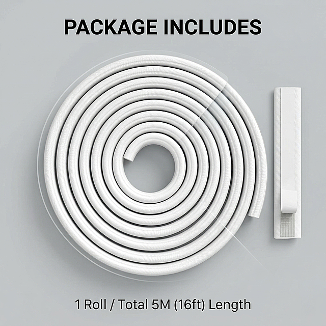 [垫图]:https://gdesign-dam-hz.dancf.com/35917502791928896/52f4ac459bb04828a8fb41bfde29a643.jpg 产品外观必须和原图保持100%一致，不得修改。主图主题: What You Will Get, 氛围风格: Neaty package display, professional, 画面元素: Roll of sealing strip is placed in the center of the picture, one cutting sample is placed next to it to show the section, the slice effect is added around the package content, the main product is not cut, the background is a clean high gray background. 配色色系: High gray background, white product, simple and capable. 视角构图: Overhead flat lay, all products are fully displayed. 文字版式: Title "PACKAGE INCLUDES" at the top, text "1 Roll / Total 5M (16ft) Length" at the bottom, bold font for the title, regular font for the specification, clear hierarchy, does not block the product. 分辨率: 2K