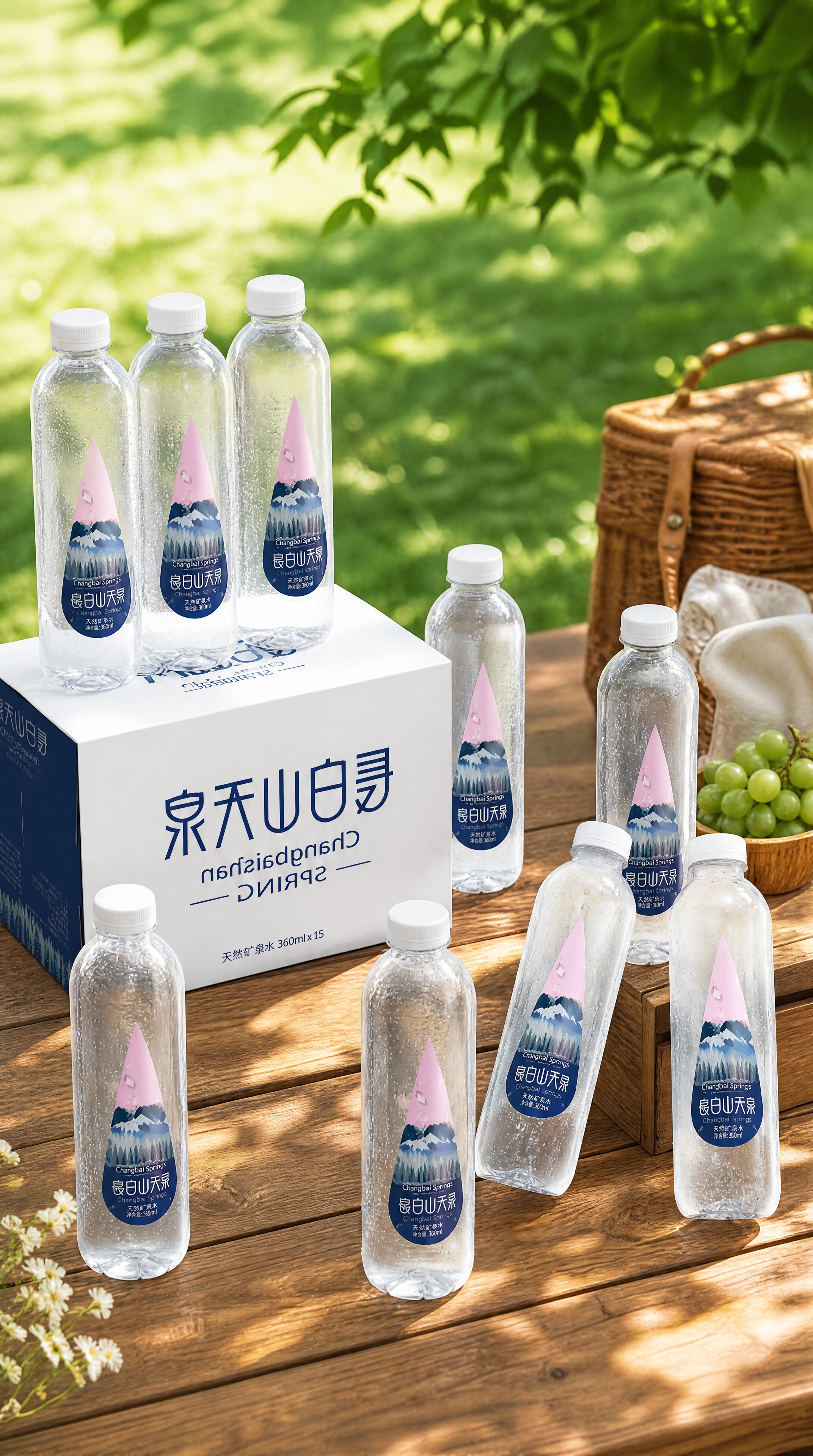 重新自然摆放图中的长白山天泉矿泉水产品，包含整箱包装和多瓶矿泉… - 图片创意预览