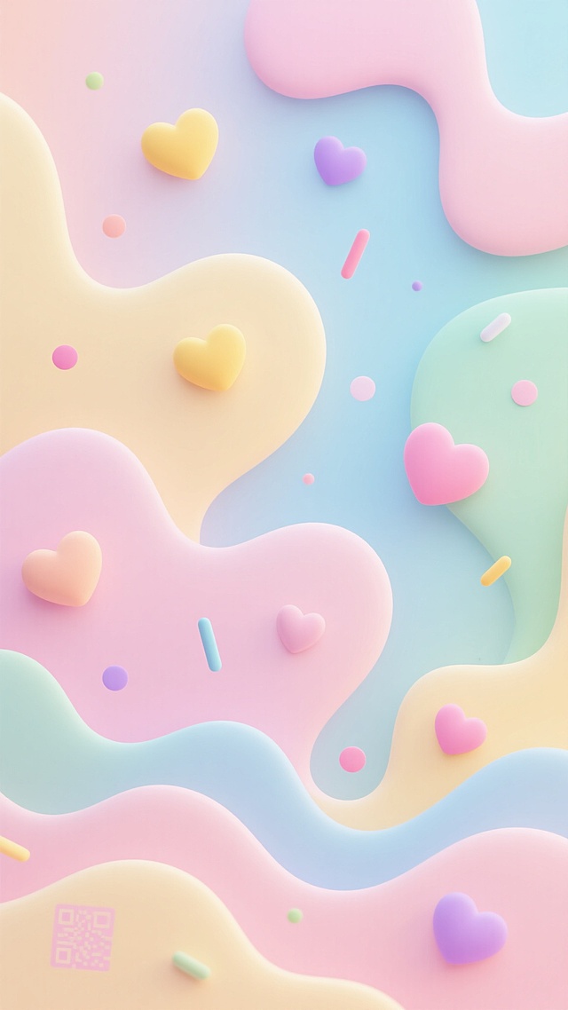 可爱背景，柔和渐变色彩，浅粉色、淡黄色、浅蓝色、淡绿色等马卡龙色系的不规则波浪形状分布在整个画面，大小不一，边缘圆润，轻盈飘逸。画面中点缀着多个小巧的彩色心形图案，颜色有黄色、粉色、紫色等，还有一些细长的彩色小椭圆形装饰，散布在波浪形状之间。整体风格清新、甜美、充满童趣，营造出温馨、愉悦的氛围，色彩搭配和谐统一，视觉效果柔和舒适，没有文字和二维码等元素。