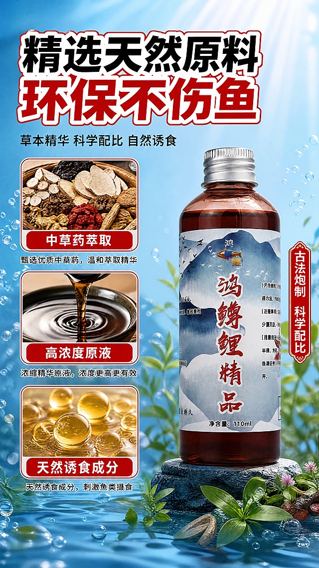 [商品] 使用【图3】鸿鳟鲤110ml精品瓶单品图；保留银盖、红棕色药液、浅蓝标签、"鸿鳟鲤精品"红色大字、净含量110ml字样；清晰化标签，不改变商品原貌，产品位于右侧占画面40%。
[画面] 原料成分页，左图右物布局；左侧3个原料小图上下排列（中草药、药酒原液、天然提取物），每个原料图配名称标签；右侧产品大图；背景为浅蓝色水波纹+草本元素，体现天然原料；阅读动线从左到右。
[视觉] 套系策略：风格=拼多多高转化水底氛围商业摄影；标题字=粗黑黑体+描边大字报风格；正文字=清晰黑体；主色=深海蓝；背景延展=基于深海蓝做深浅水层渐变、气泡纹理、光线丁达尔效应；强调色=中国红，仅用于标题高亮、图标、标签和价格感元素；标题色=白色+红色描边；正文色=白色；组件=原料方框图、草本装饰、水滴元素；光影=柔和顶光，瓶身有自然高光。
[文字] 顶部主标题"精选天然原料 环保不伤鱼"；左侧三个原料名称：中草药萃取、高浓度原液、天然诱食成分；每个配一句短说明；右侧产品旁配"古法炮制 科学配比"标签；全部文字横向排版。
[规格] 图片比例9:16竖版，4K分辨率，无水印，无错字，无商品变形，避免极限词、虚假承诺、平台Logo。