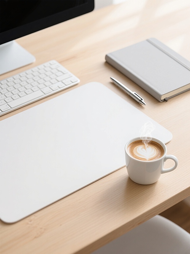 极简主义风格桌面场景，明亮柔和的自然顶光均匀洒落在浅木色桌面上，营造出温暖治愈的氛围。桌面整洁留白，具有清晰的视觉层次和舒适的空间感。左上角放置一个白色无线键盘，右上角是半开的浅灰色硬壳笔记本，旁边斜放着一支银色金属钢笔，右下角是一杯冒着热气的拿铁咖啡，咖啡表面有细腻的奶泡。整体色调以浅木色、白色、浅灰色为主，简约现代办公氛围。高清晰度，柔和阴影，质感细腻，适合作为桌面背景。