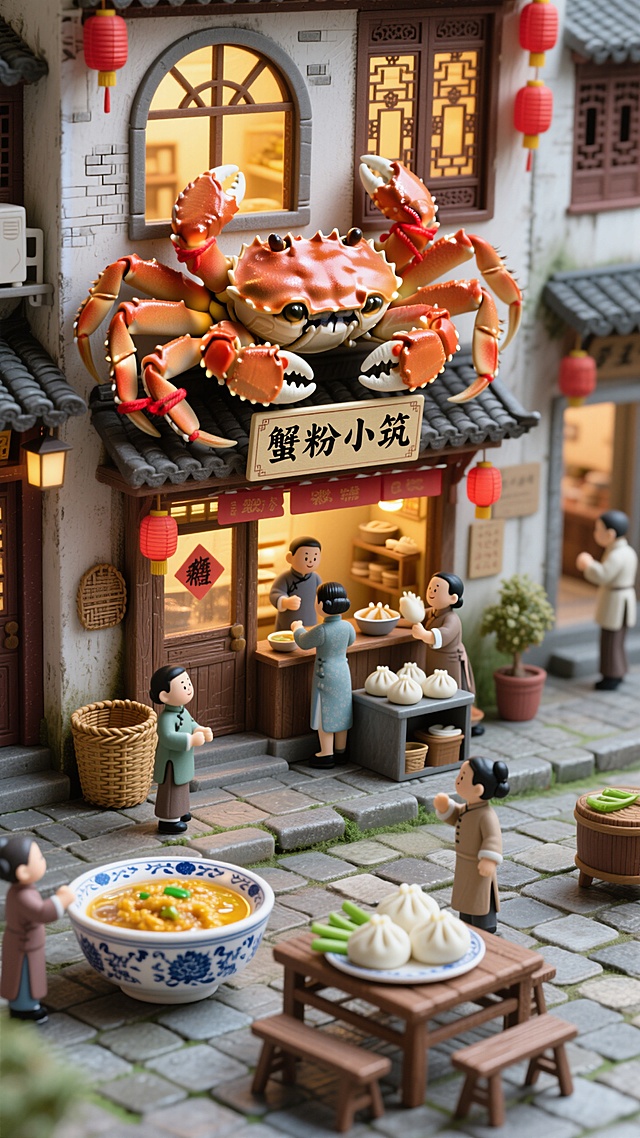 店铺是一个巨型螃蟹造型，蟹壳上开着拱形窗，招牌写着 “蟹粉小筑”，蟹钳处挂着红绳系着的大闸蟹，屋内暖黄灯光透出。店铺周边是老街巷弄元素，青石板路、雕花窗棂、红灯笼，墙角摆着竹编箩筐，身着民国服饰的小人物穿梭其中，有站在店门口招揽客人的，有在厨房包蟹粉汤包的，还有坐在街边木桌旁，青花瓷盘里盛着金黄蟹粉、白玉汤包、翠绿姜丝 。