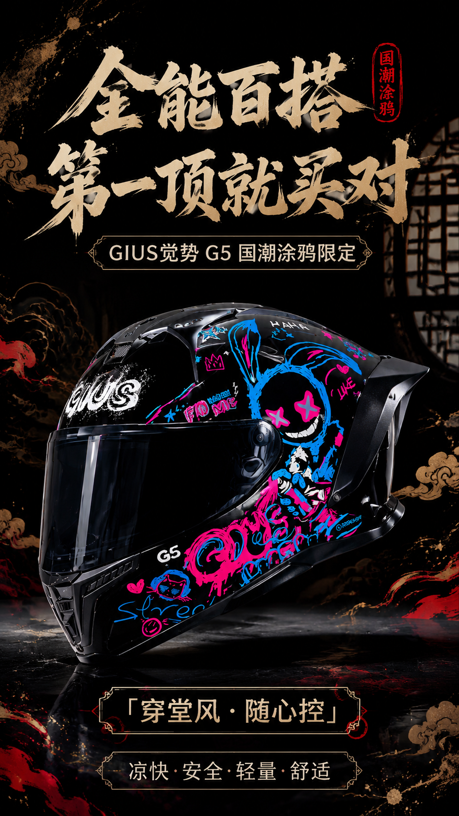 [商品] 使用【图1】GIUS觉势G5国潮涂鸦版全罩式摩托车头… - 图片创意预览