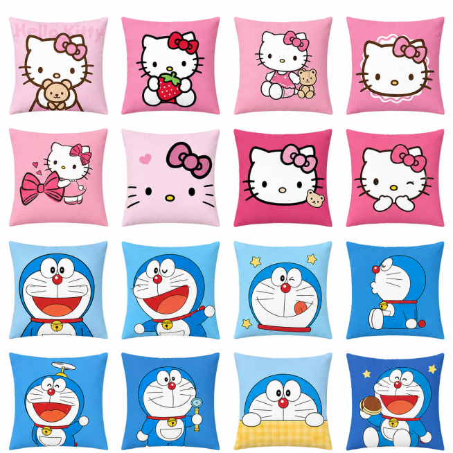 纯白背景，采用4×4网格排版，展示不同图案的哆啦A梦和Hello Kitty抱枕，所有抱枕均为统一的正面视角，按图案风格整齐排列，产品间保持均匀间距，突出不同IP与图案的差异，无多余装饰元素，高清8K预览效果