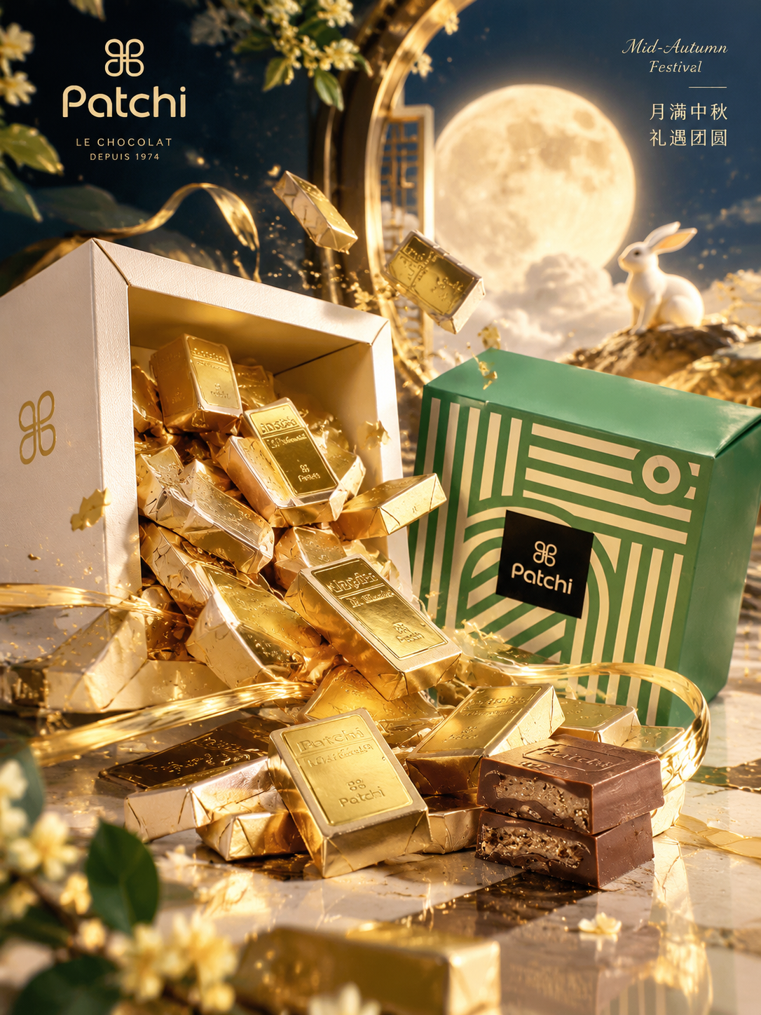 中秋节高端商业产品海报，主体是Patchi金砖造型巧克力和礼盒… - 图片创意预览