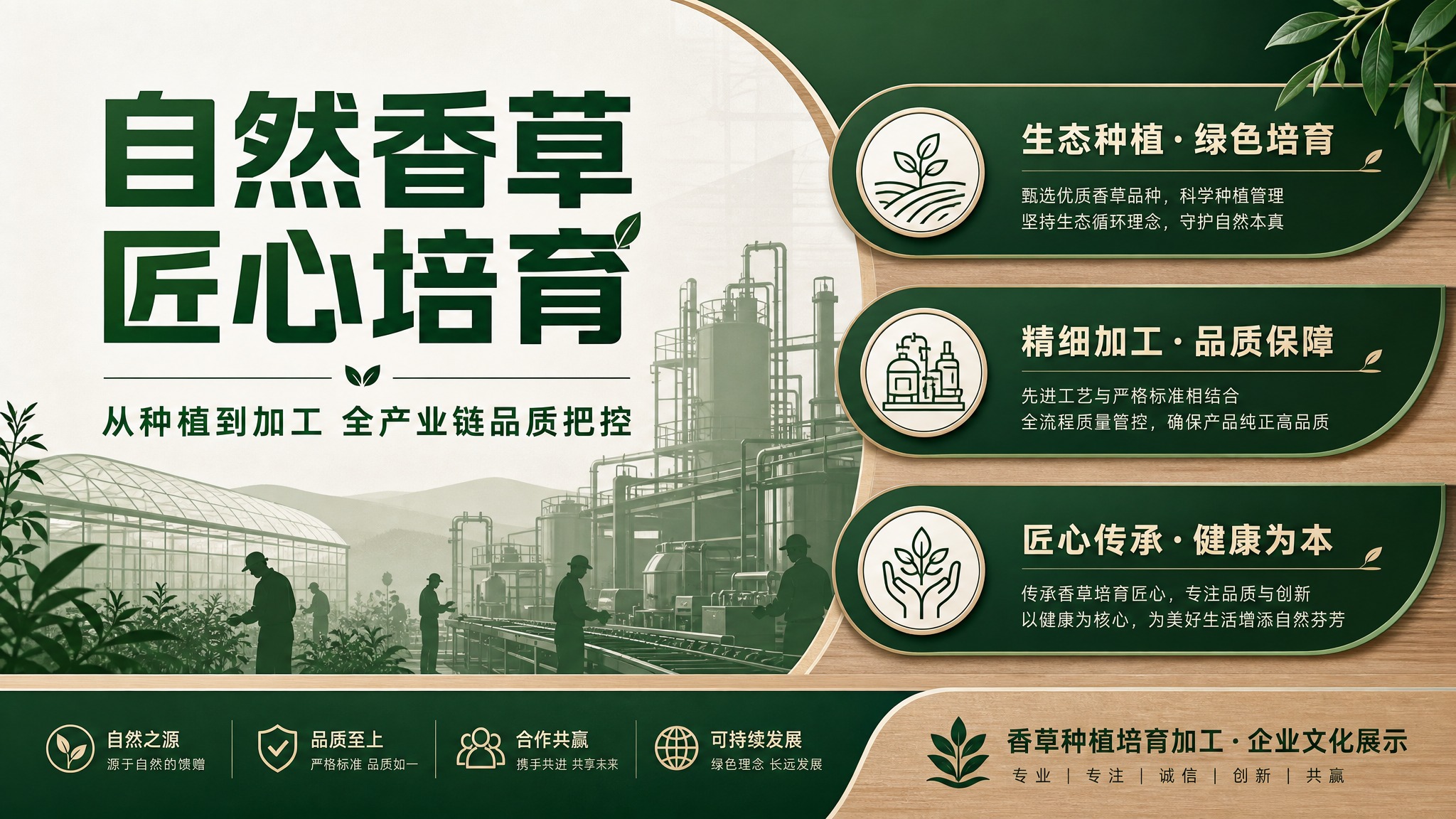 香草种植培育加工公司企业文化展板，横版16:9，现代简约工业风… - 图片创意预览