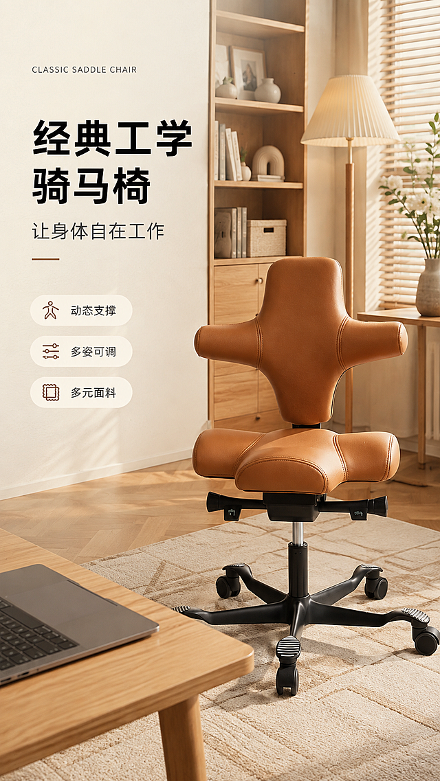 [商品] 使用【图1】复古棕猫爪皮款工学骑马椅；保留十字形靠背、马鞍式双瓣坐垫、双拨杆调节、黑色五星脚轮、整体结构比例与复古棕猫爪皮材质纹理；增强皮面质感与缝线细节，去除底部文字标注。
[画面] 目标：头图海报，突出产品全貌与北欧书房氛围。左文右景构图，左侧约1/3留白文案区，右侧为北欧风格书房大场景。产品置于画面中右区域，占画面约55%，正面微侧角度。前景：木质书桌边缘+笔记本电脑一角；中景：复古棕骑马椅主体；后景：原木书柜、百叶窗、暖光落地灯、花艺摆件，人字拼木地板+几何图案地毯。暖调午后自然光从右侧窗户洒入。
[视觉] 套系策略：风格=北欧简约高级商业摄影；标题字=现代无衬线粗黑体；正文字=简洁无衬线体；主色=复古棕+米白；背景延展=基于米白/浅木色做深浅层级、同色渐变和细腻纸感/木材质感；强调色=深焦糖棕，仅用于小面积图标、引线和标签；标题色=炭黑色；正文色=暖灰色；组件=细线分隔、圆角浅底信息卡、极简icon；光影=右前侧暖柔光，柔和阴影。
[文字] 左上区域：主标题"经典工学骑马椅"（大字号），副标题"让身体自在工作"，下方3条亮点胶囊"动态支撑""多姿可调""多元面料"，顶部小字英文"CLASSIC SADDLE CHAIR"。文字均为横排，不遮挡产品主体。
[规格] 图片比例9:16竖版，4K，负向：变形、错字、文字过小、冷蓝背景、颜色改变、结构失真、底部文字标注。