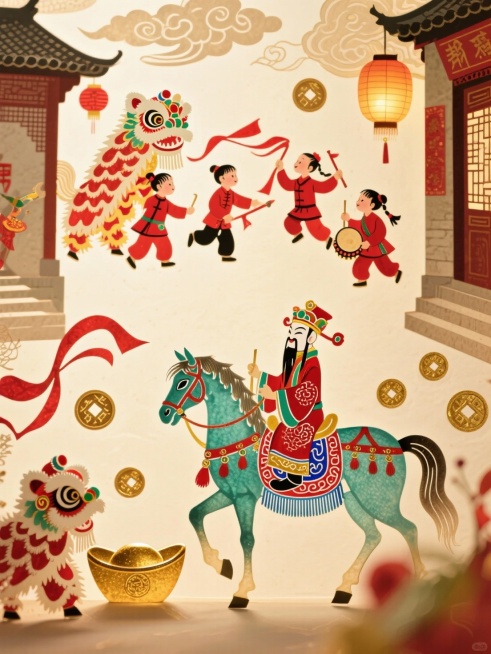 主体是穿红衣的孩童们（有的舞狮头、有的摇红绸、有的敲小鼓），画面下方是财神骑青金色骏马（装饰红蓝回纹、青金流苏，点缀金箔质感）；周围环绕舞狮道具、红绸带、祥云、宫灯等吉祥元素；场景为中式街巷；背景为米预览效果