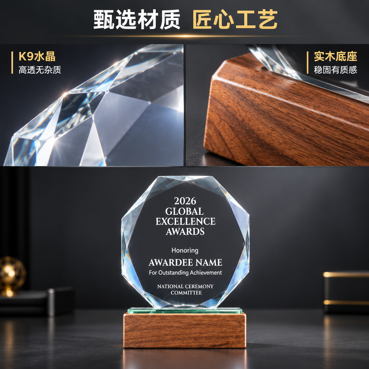 [主图-3] 材质品质 水晶材质+实木底座细节展示 [统一基调… - 图片创意预览