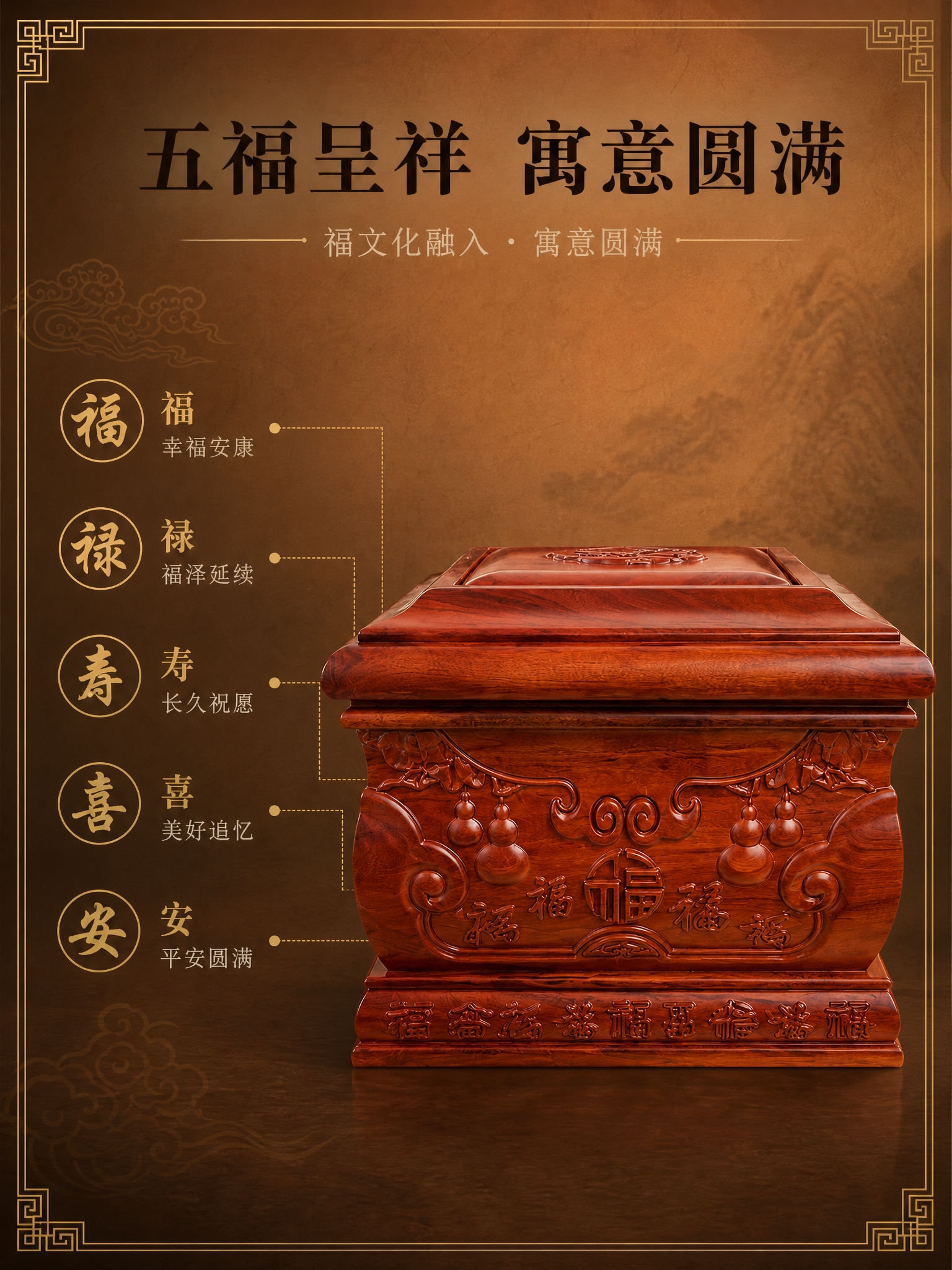 [商品] 使用【图4】古夷苏木实木骨灰盒正面五福雕刻图；保留五… - 图片创意预览