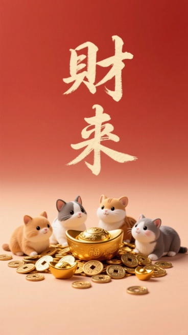 竖着居中写古风飘逸字体“财来"，四只小动物趴在旁边，聚宝盆，铜钱元宝堆满地喜庆色调，简单背景预览效果