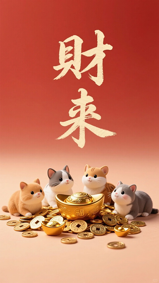 竖着居中写古风飘逸字体“财来"，四只小动物趴在旁边，聚宝盆，铜钱元宝堆满地喜庆色调，简单背景