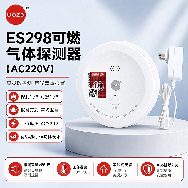 电商主图，ES298可燃气体探测器【AC220V】，报警行业专业风格，浅蓝色+浅灰+警示红点缀配色，产品名称文字优先凸显，排版克制高级。

画面主体：右侧偏中位置放置ES298可燃气体探测器产品主体，白色圆形吸顶式外观，正面有uoze品牌标识、自检按钮、指示灯和消防认证标签，旁边配有白色电源适配器和白色电源线，产品外观、结构、颜色、材质、比例与输入产品图完全一致，不得扭曲变形，不得改变外观。产品放置在浅灰色圆柱形展示台面上，占画面约55%-60%。

左上角：放置红色圆形uoze品牌LOGO，白色字体，右上角带®注册商标符号，与参考LOGO完全一致。

左侧文字区域（从上到下）：
1. 超大黑色粗体主标题："ES298可燃气体探测器"，分两行排列，字号最大最醒目
2. 主标题下方黑色粗体副标题："【AC220V】"
3. 副标题下方一条红色细横线分隔
4. 横线下方灰色辅助文案："高灵敏探测 声光双重报警"
5. 再往下排列4个红框白底圆角参数项，每个参数项左侧为红色圆形图标（内有白色对应图标），右侧为黑色文字：
   - 火焰图标 + "探测气体 可燃气体"
   - 铃铛图标 + "报警方式 声光报警"
   - 闪电图标 + "工作电压 AC220V"
   - 叶子图标 + "待机功耗 低功耗设计"

底部区域：一条红色边框的白底横条区域，内部分为4个等宽的参数模块，用红色竖线分隔，每个模块左侧为红色圆形图标，右侧为黑色文字：
1. 喇叭图标 + "报警音量≥85dB 高分贝警报 及时提醒"
2. 温度计图标 + "工作温度 -10℃~50℃"
3. 向上箭头图标 + "吸顶式安装 节省空间 美观大方"
4. 盾牌图标 + "ABS阻燃外壳 阻燃材质 安全耐用"

背景：浅蓝色到浅灰色的柔和渐变背景，干净简洁，柔和棚拍光效果，产品有自然的阴影和高光，整体明亮通透，专业大气。

整体要求：画面饱满无空白，所有空白区域用产品优势文字和参数填充，排版克制高级，信息层级清晰，主标题最大最醒目，参数文字清晰可读，黑色文字为主，红色仅用于点缀和强调，杜绝深色单一颜色和过于彩色的配色。产品外观严格保持原图不变，不得变形、扭曲、改变结构。

比例1:1，2K分辨率，文字清晰，产品清晰，无水印，无错字，无杂乱元素。