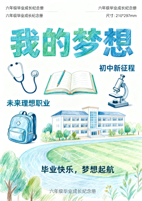 六年级毕业成长纪念册手抄报，主题为"我的梦想"，彩铅手绘风格，白底，包含未来理想职业、初中憧憬元素，清新励志风格手抄报设计，尺寸210*297mm预览效果